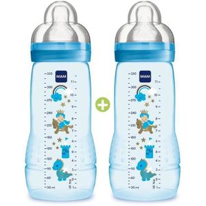 MAM - Biberons Easy Active 6+ mois (2 x 330 ml) Bleus – Lot de 2 biberons  avec tétine en silicone débit X vitesse ultra-rapide – Biberons pour bébé