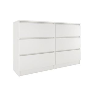 MILAN - Commode de chambre large 6 tiroirs - 30x120x77cm - Style scandinave - Meuble de rangement - Chiffonnier - Blanc
