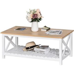 TABLE BASSE Table basse rectangulaire HOMCOM - Chêne clair et blanc - 116L x 60l x 48H cm - Étagère à lattes