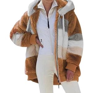 MANTEAU - CABAN Manteaux Zippée,Veste Epais à Capuche en Peluche Douce Manteau dHiver pour Femme Chaud Manteau en Fausse Fourrure,Caramel