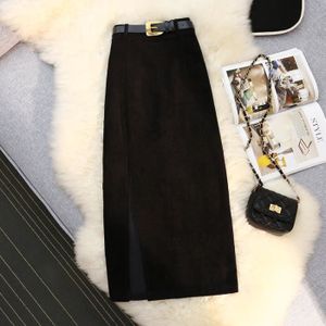 JUPE jupe mi-longue en velours côtelé pour femmes,Vintage,avec fente latérale,ligne a,taille haute,ceintures,mode - black[A8524]