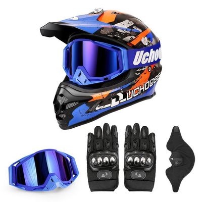 Casque Moto Integral VTT Casque Moto Cross pour Casque Intégral Tout-Terrain Four Seasons avec Lunettes Et Gants, Bleu-noir M
