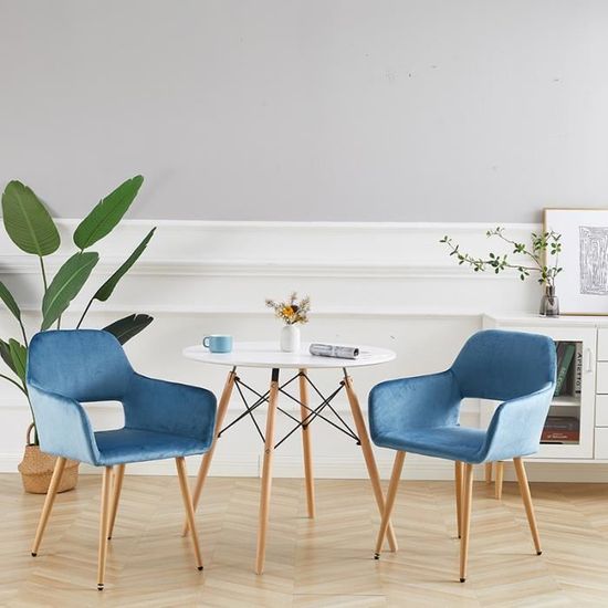 AKALNNY Lot de 2 Fauteuils - Velours bleu clair – Chaise scandinave – Pieds métal effet bois – Salle à manger, bureau, salon