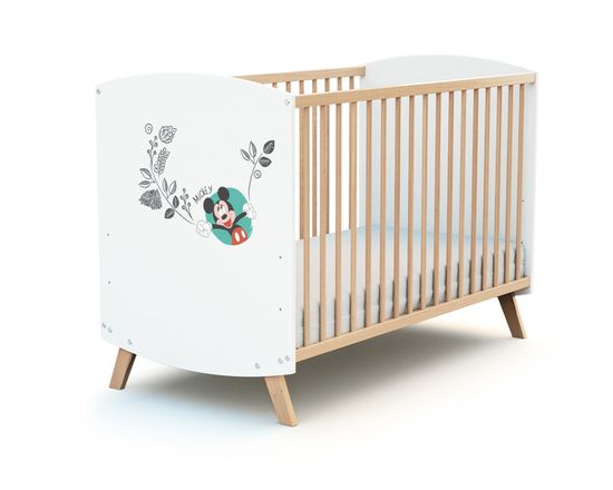 AT4 - Lit bébé 60 x 120 cm DISNEY Doodle Zoo Mickey - Réglable 3 hauteurs - Blanc et Hêtre Verni