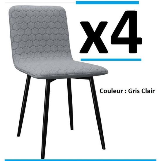 Lot de 4 chaises en tissu Gris Clair avec pieds metal vintage design bureau salon cuisine salle à manger ensemble honeycomb mesh 