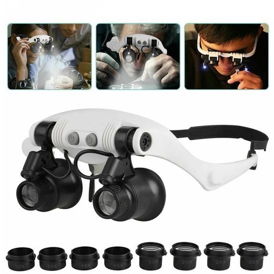 Loupe frontale 1,5x, 2x, 8x avec lumière LED, kit mains libres pour la lecture, le travail de bijouterie, la montre et la réparation électronique