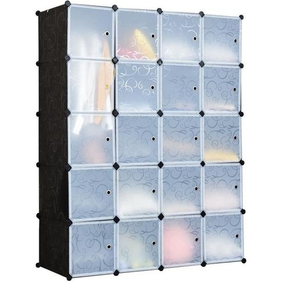 COSTWAY Armoire Penderie 16 Cube, Armoire de Rangement en Plastique avec 2  Tringles, Motif imprimé, Armoire