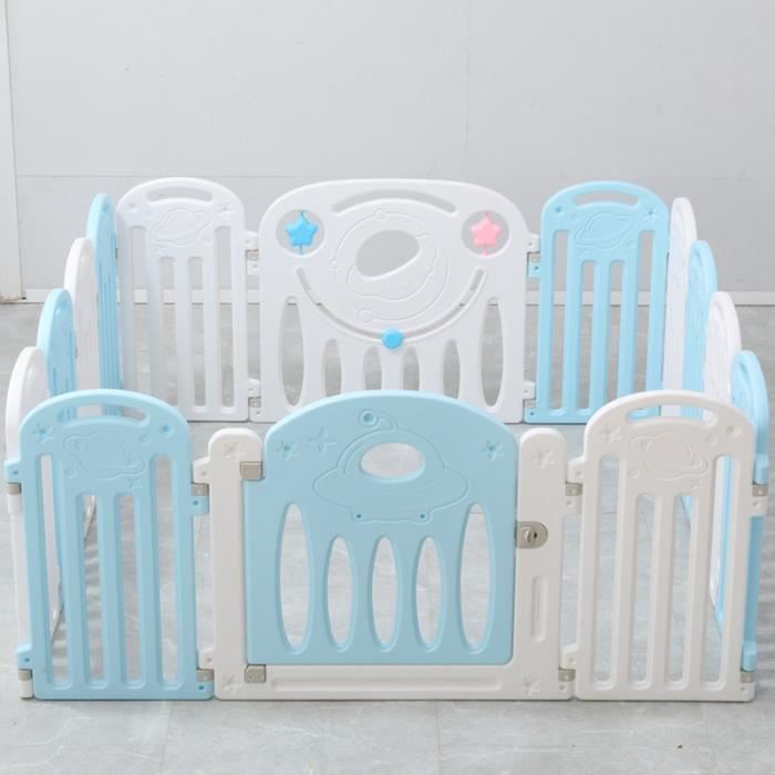 Parc pour bébé Parc en plastique avec porte et planche à jouets,14 Panneaux,solide et durable,Bleu et blanc