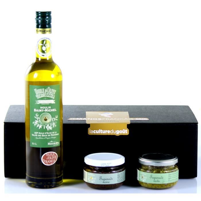 Coffret garni autour de l'Olive de Provence - 1 Huile et 2 Tapenades Origine France garantie dans une élégante boîte noire