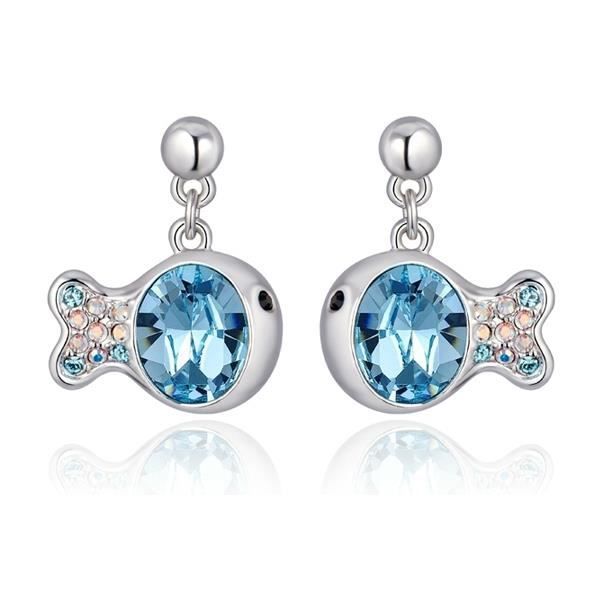 Boucles d'oreilles Poisson en Cristal de Swarovski Element Bleu et Plaqué Rhodium
