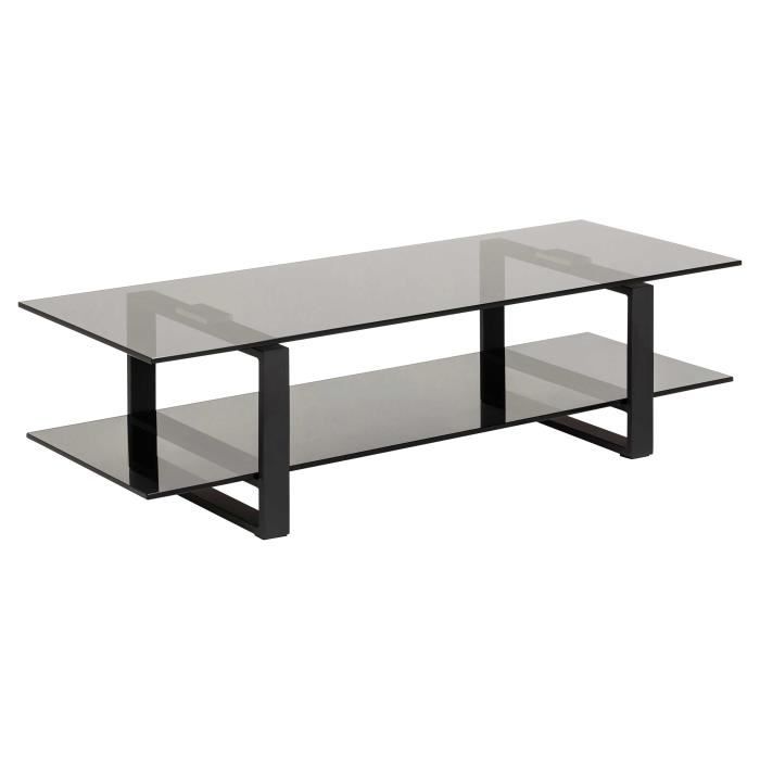 Meuble TV Nicola avec plateau et tablette en verre foncé. Cadre : noir mat