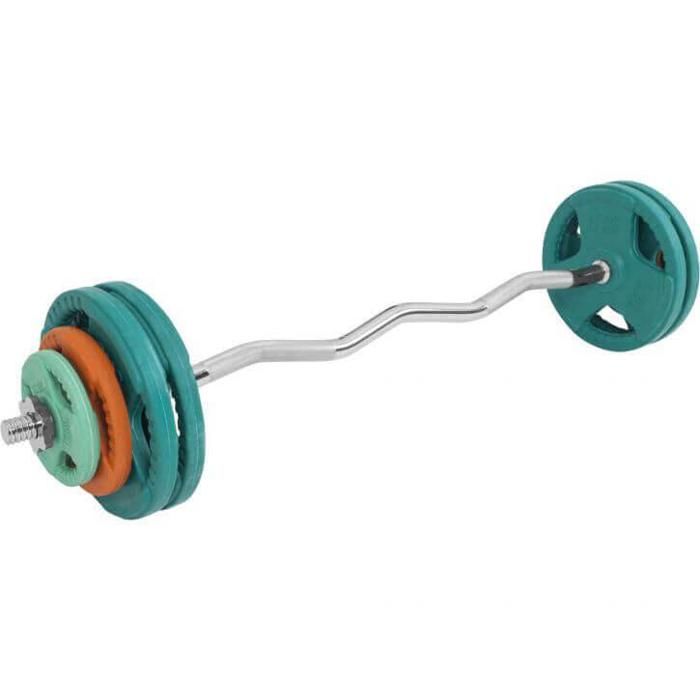Gorilla Sports - 35kg total set en caoutchouc grip avec barre curl de 120cm avec bague de serrage inclus Gris