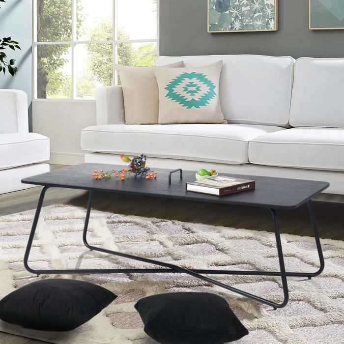 Table Basse Salon Design Industriel Plateau Finition Bois Pied Métal Noir L120x P60x H42.5cm
