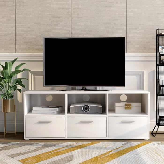 Meuble TV en bois Support multimédia pour téléviseurs avec étagères de rangement et 3 armoires Table console (blanc)
