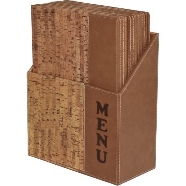 Ensemble porte-menu Securit® + 10 protège-menus format A4 - Simili cuir imitation liège - 35,2x27x14,6cm