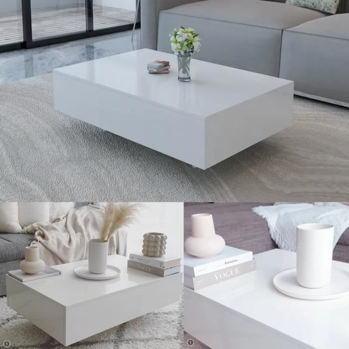 Table basse de salon, blanche avec une finition de haute brillance modern 85 x 55 x 31 cm, MDF et verre trempé