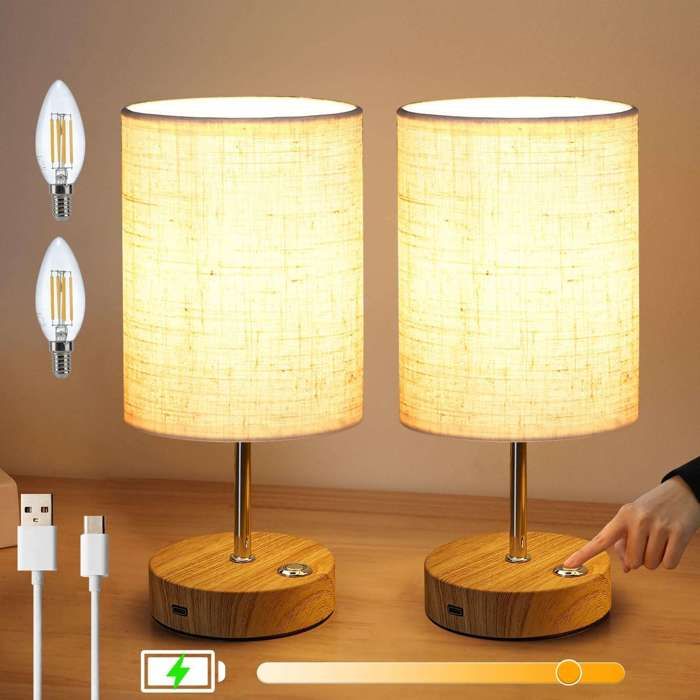 lightess lampe chevet tactile sans fil, bois rechargeable usb, lot de 2 à pile, moderne, petite, blanche [classe énergétique f]