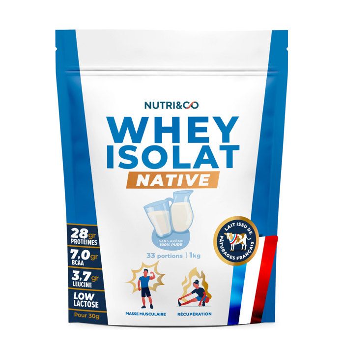 Protéine Whey Isolate Native|Jusqu’à 94% de Protéines|Pur Lait Français Low Lactose|1kg 33 portions goût Neutre|Nutri&Co