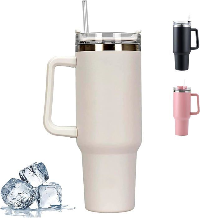 Mug Isotherme Avec Poignée 1200ml - Acier Inoxydable - Avec Couvercle Et Paille - Garde Le Froid Et Le Chaud - Neuf