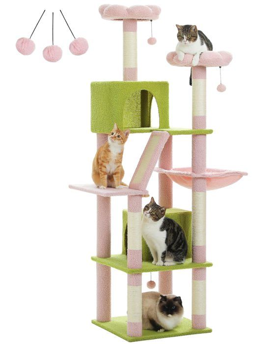 Comparer les prix de PAWZ Road Grand Arbre à Chat Multi-Niveaux avec 6 Poteaux à Griffer, 2 Griffoirs, 2 Niches, 2 Pompons & 1 Hamac, 180cm Rose