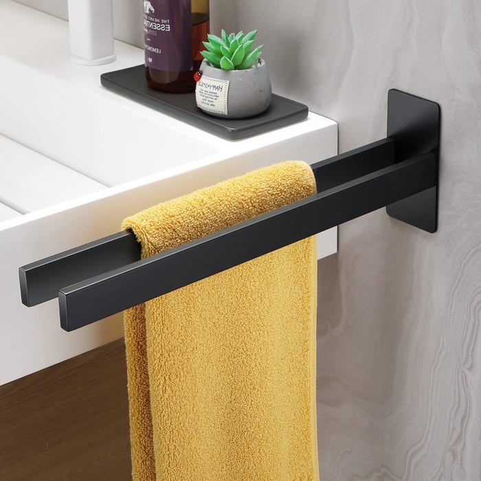 Porte-Serviettes Double Bras Autocollant En Acier Inoxydable Noir – 39 Cm, Sans Perçage, Pour Salle De Bain Et Cuisine