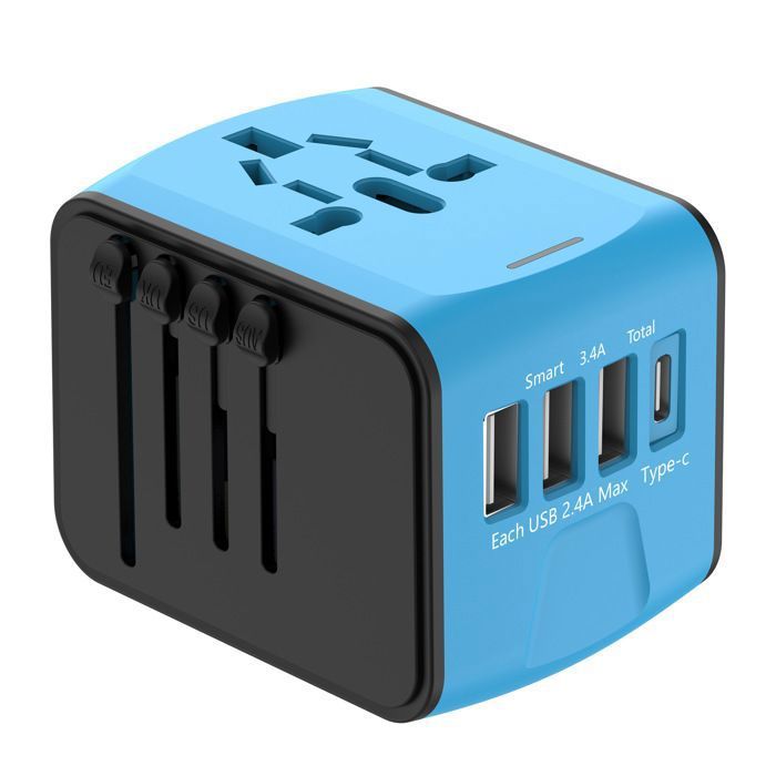 Adaptateur Voyage Universel International avec 3 USB et 1 Type C 1500W Prise France vers USA Canada UK EU Chine Japon bleu