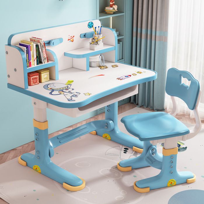Bureau Enfant avec Chaise - Réglable en Hauteur Plateau Élargi Compartiments et Tiroir de Rangement(Motif Cartoons)