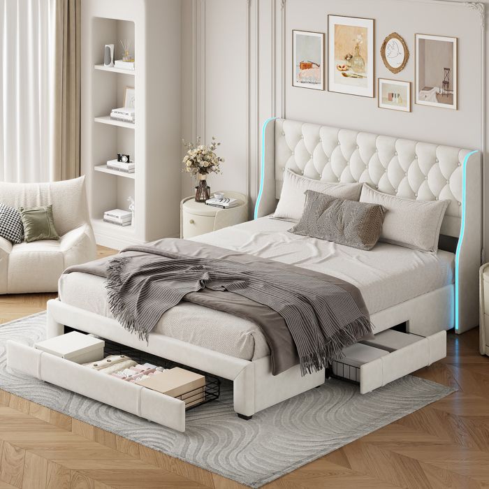 Lit Double Rembourré Avec Tête De Lit 160x200cm HFASD - Dossier Doux, Sommier à Lattes Inclus, Tissu Lin Beige