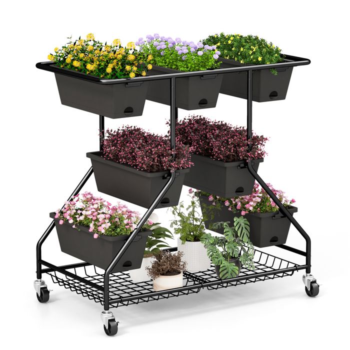 COSTWAY Jardinière Surélevée Verticale 7 Bacs - Lit De Jardin Sur Roulettes, 100x56x99cm Gris/Noir