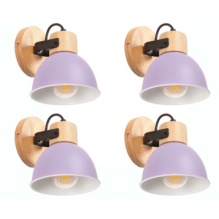 iDEGU 4pcs Lampe Murale Industriel Spot LED Applique Murale Intérieur en Bois Fer Design Vintage Éclairage Murale Réglable Violette