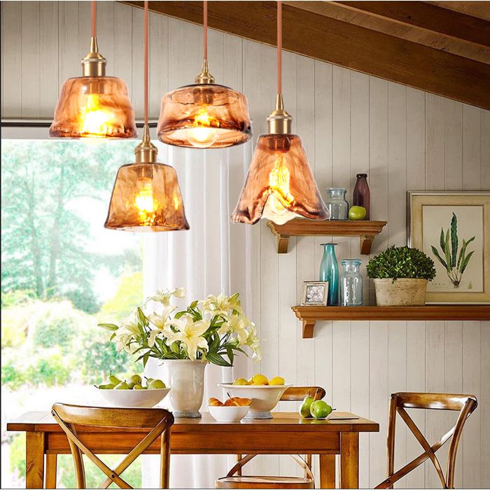iDEGU Lot de 4 Lustres Suspensions en Verre AmbreLampe de Plafond Industriel Style Vintage E27 Luminaire Ajustable pour Salon