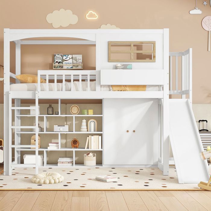 Lit superposé enfant - SOGEU - 90x200 - Toboggan - Armoire intégrée - Pin massif blanc