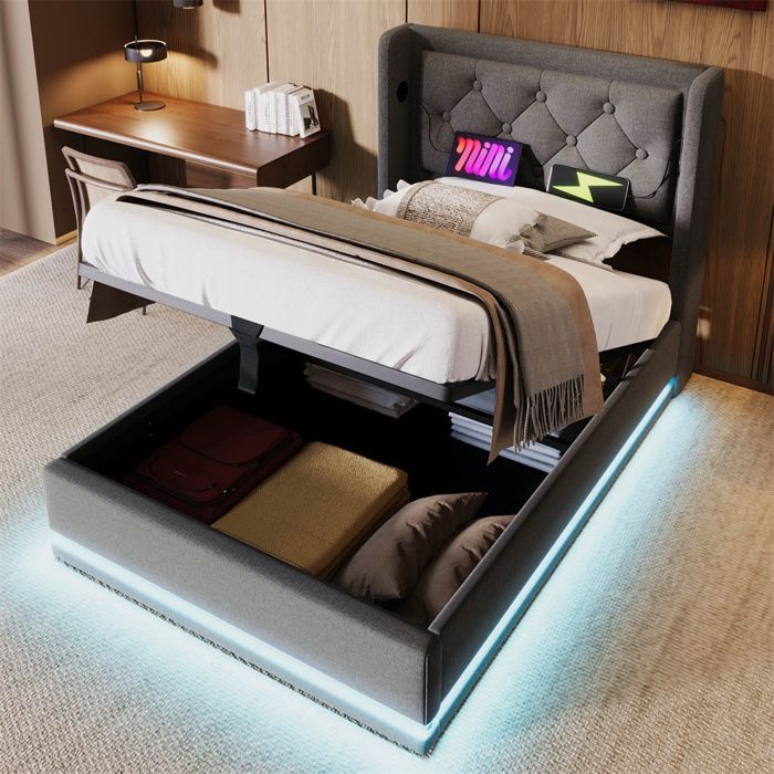 Lit rembourré 90x200 cm avec coffre hydraulique LED et prise USB‑C – sommier inclus gris (sans matelas)