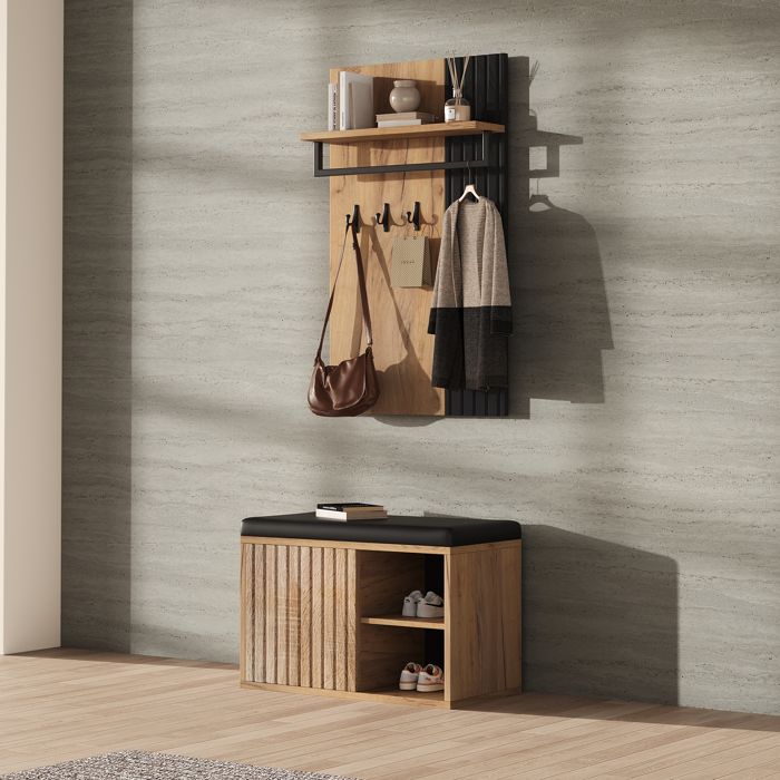 Ensemble vestiaire dentrée - 1 porte-manteaux et 1 meuble à chaussures - Avec coussin et 3 crochets - Naturel + Noir