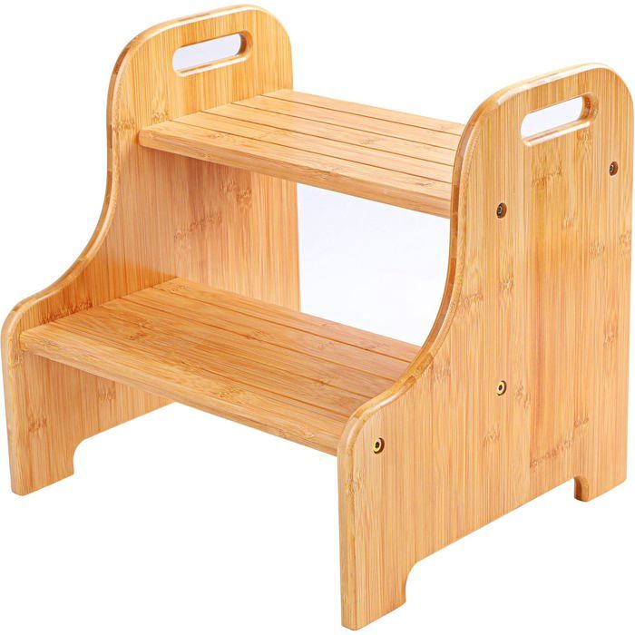 Marchepied 2 marches antidérapantes en Bambou avec 2 poignées découpées，40*38*30cm
