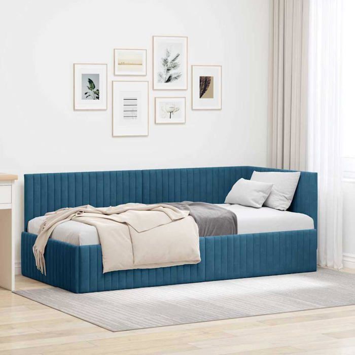 Cadre de lit dangle en velours - vidaXL - 90x200 cm - Bleu - Design en L - Polyvalent - Tête de lit réglable