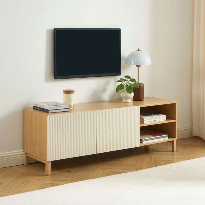 Meuble TV ORCA effet chêne et portes beiges 140 cm Meuble TV ORCA effet chêne et portes beiges 140 cm