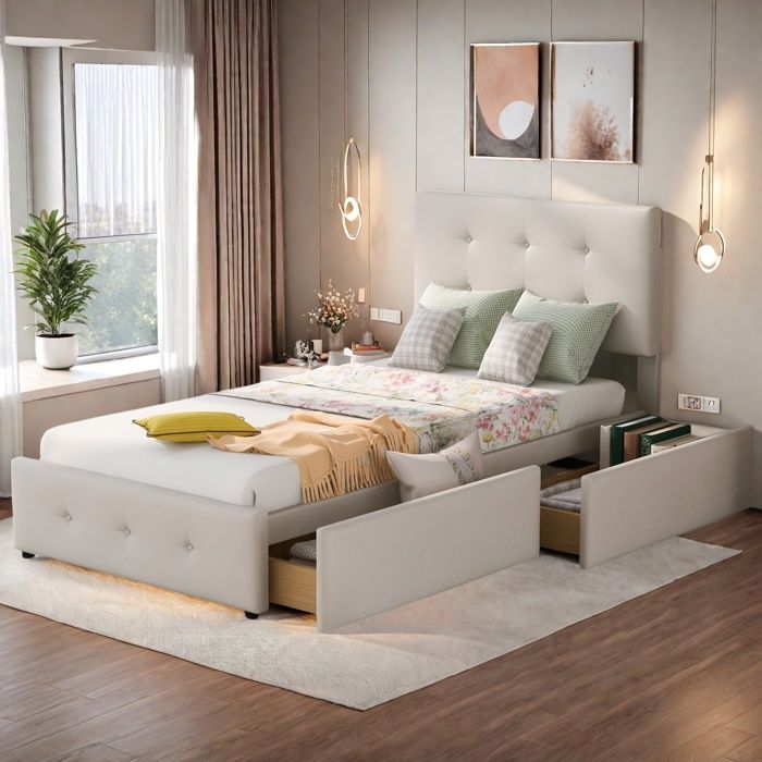 Lit simple - Lit 90x200 cm - 2 tiroirs - Tête de lit réglable - Velours beige