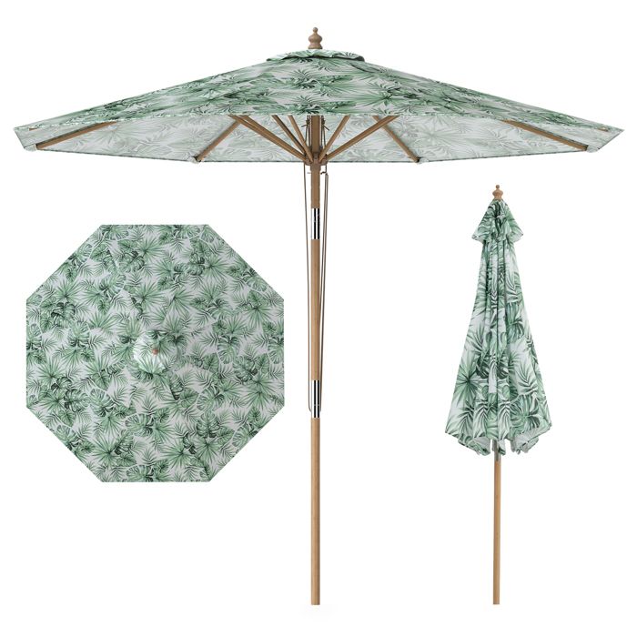 COSTWAY Parasol de Plage Extérieur Φ270 CM Inclinable sans Pied - 3 Hauteurs Réglables - 8 Baleines - Poteau en Bois Toit Ventilé