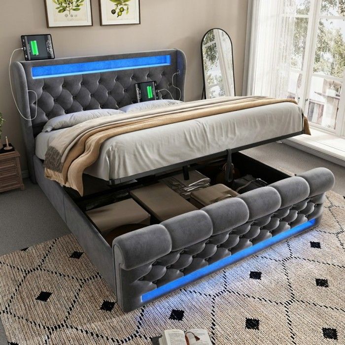 Lit Double Rembourré 160x200cm avec LED Tête de Lit avec USB/Type-C Sommier à Coffre Hydraulique Velours Gris (Sans Matelas)