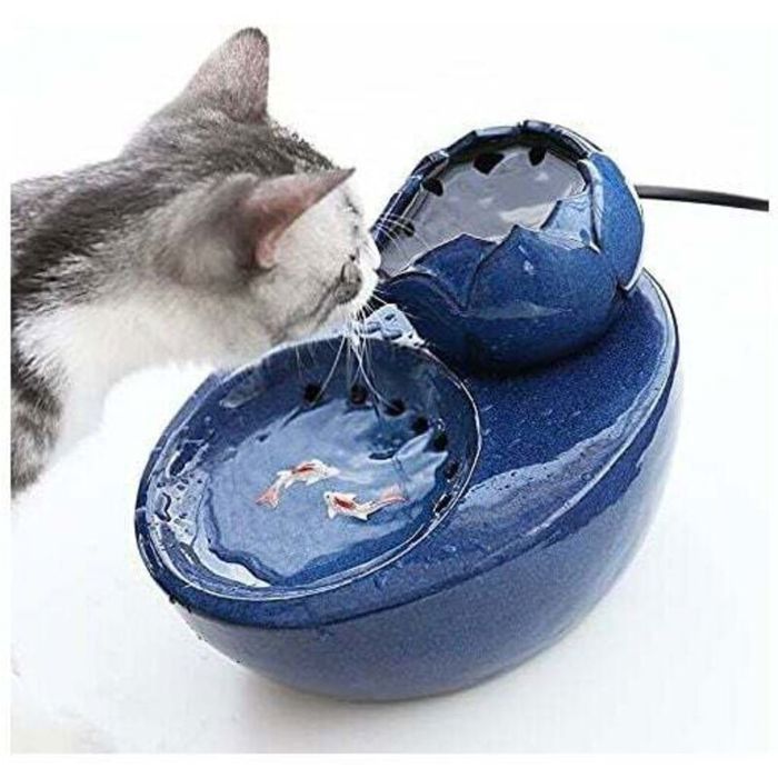 Fontaine d’eau - En céramique - Avec lotus vertical et filtre automatique - Idéale pour chat et animal de compagnie - Bleu