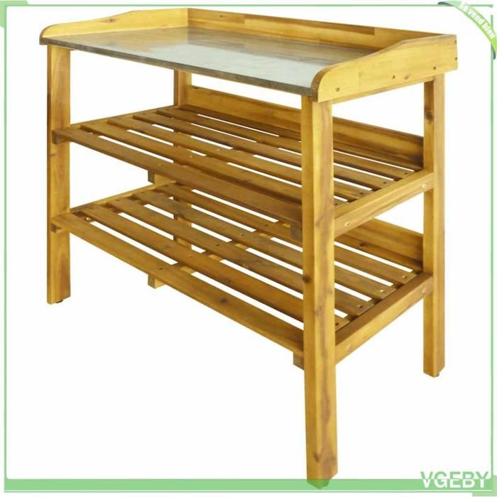 Banc dempotage - FAFEICY - 43795 - 2 étagères - Bois dacacia huilé - Dessus zinc