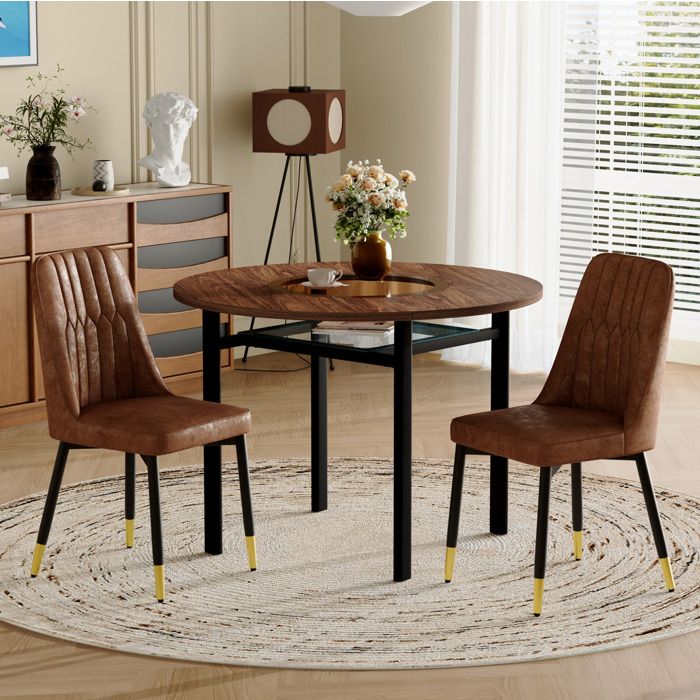 Table à manger avec chaises2 chaises 2 à 4 personnes table ronde 100 cm MDF effet bois brun