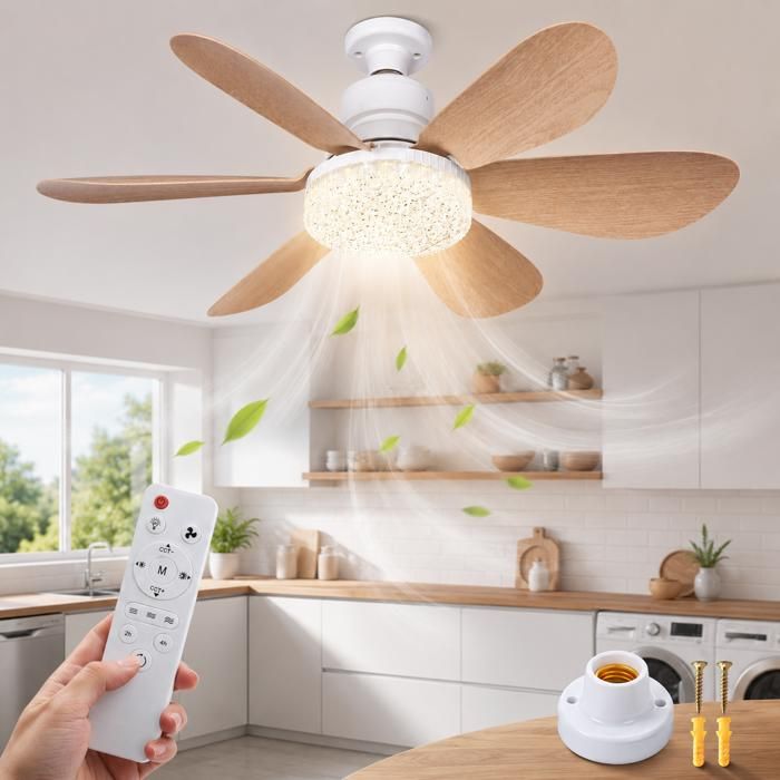 Plafonnier Ventilateur LED E27 à Effet Bois avec Télécommande 40W Luminaire Silencieux Dimmable