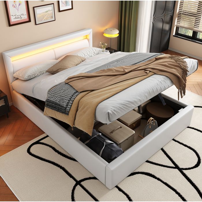 COVREO Lit coffre LED rembourré 140 x 200 cm avec sommier à lattes tête de lit lumineuse PU blanc