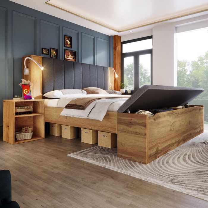 COVREO lit double 160x200 cm avec rangement 2 tables de chevet banc coffre lampes de lecture USB décor chêne