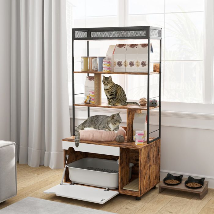 WOVREO Meuble cache-litière chat 80 x 48 x 152 cm avec étagère 3 niveaux griffoir intégré marron
