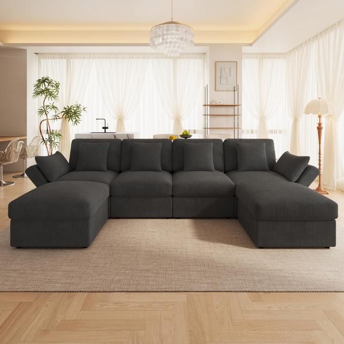 Canapé modulable U ou L jusquà 6 places 290x159 5x89 cm 2 poufs mobiles accoudoirs réglables 3 positions velours côtelé gris