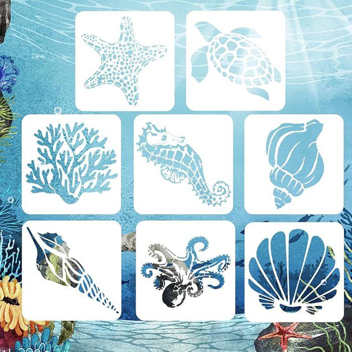 8 pièces Pochoirs de peinture de Créatures Marines Réutilisable Journal Peinture Pochoir pour Dessin Pochoirs