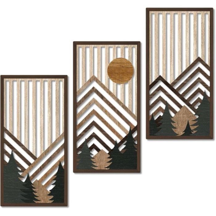 Lot 3 Tableaux muraux encadrés Paysage Montagne géométrique Noir Beige doré Style Moderne scandinave Cadres Bois